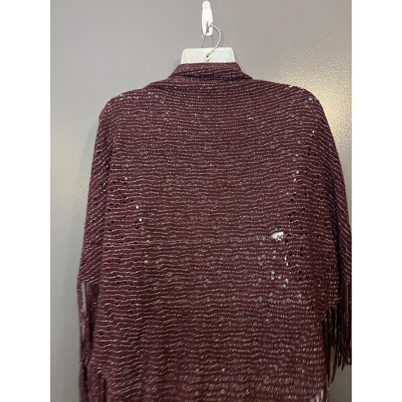 David and Young Poncho Womens One Size Burgundy Metallic Knit Fringe Ruana Wrap - Picture 5 of 9